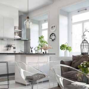 A living room and kitchen space